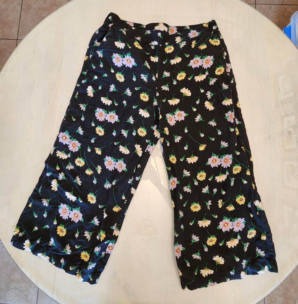 Loft Women's SZ Large Linen Floral Wide Leg Pants